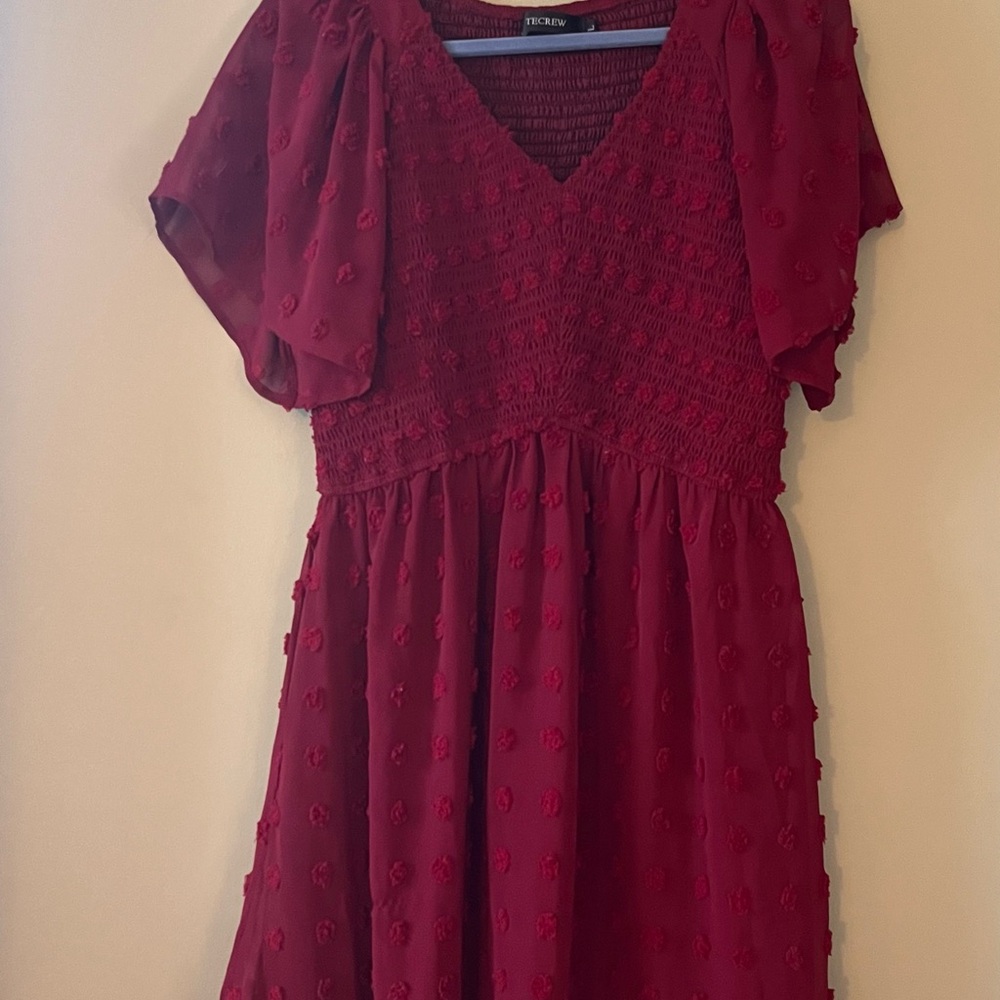 Red Swiss Dot Burgundy Sundress w/ Flutter Sleeves and V-Neck for Wedding Guest - Picture 4 of 8